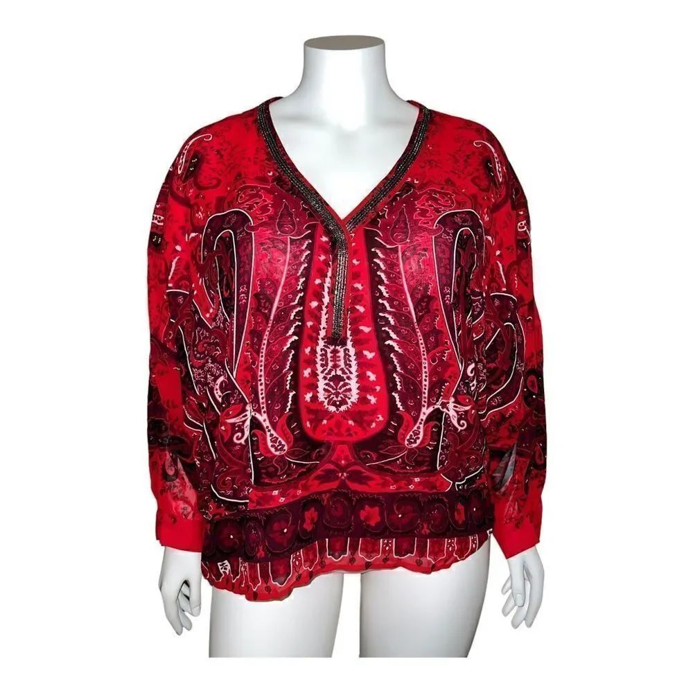 Lane Bryant Women's Red & Black Paisley Embellished Sheer Blouse Sz 14/16 NWT